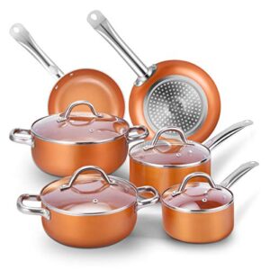 copper pots and pans set nonstick 10-piece ceramic cookware set, stainless steel handles, dishwasher & oven safe, pfoa/pfas-free, orange