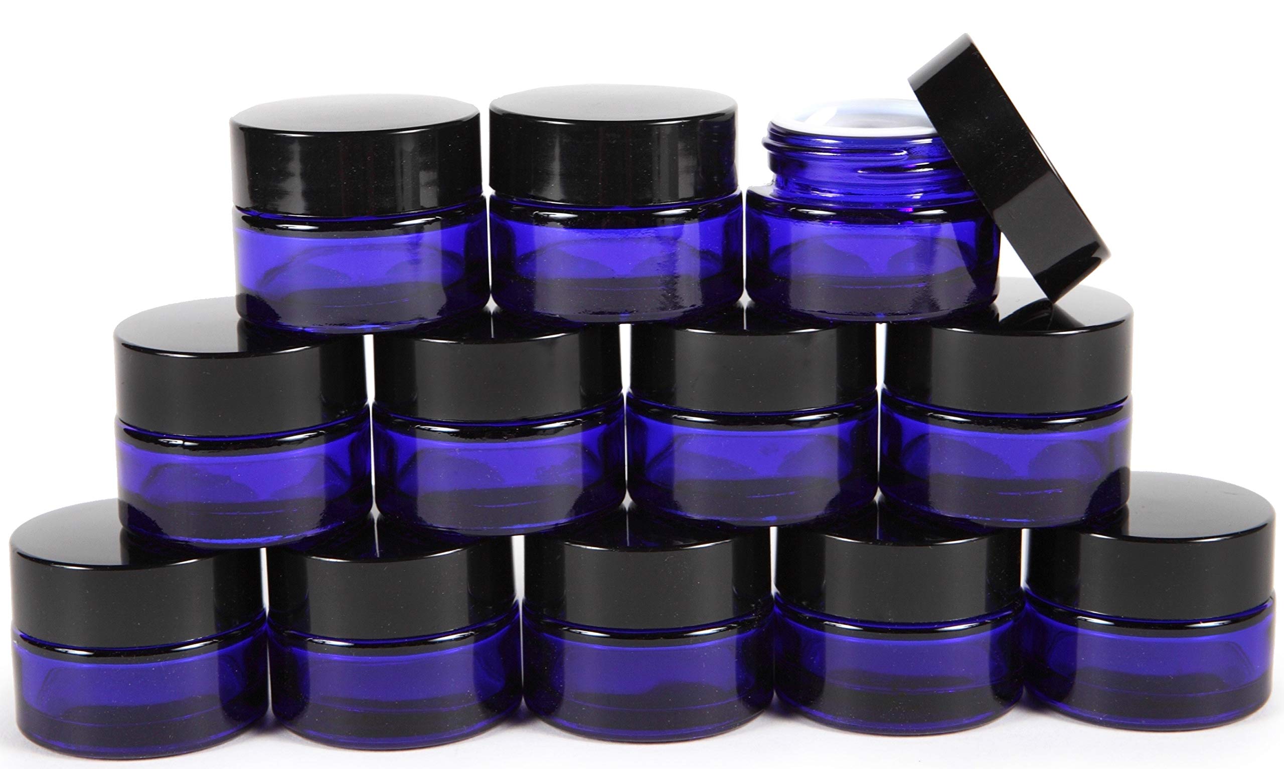 Vivaplex, 12, Cobalt Blue, 1 oz, Round Glass Jars, with Inner Liners and black Lids