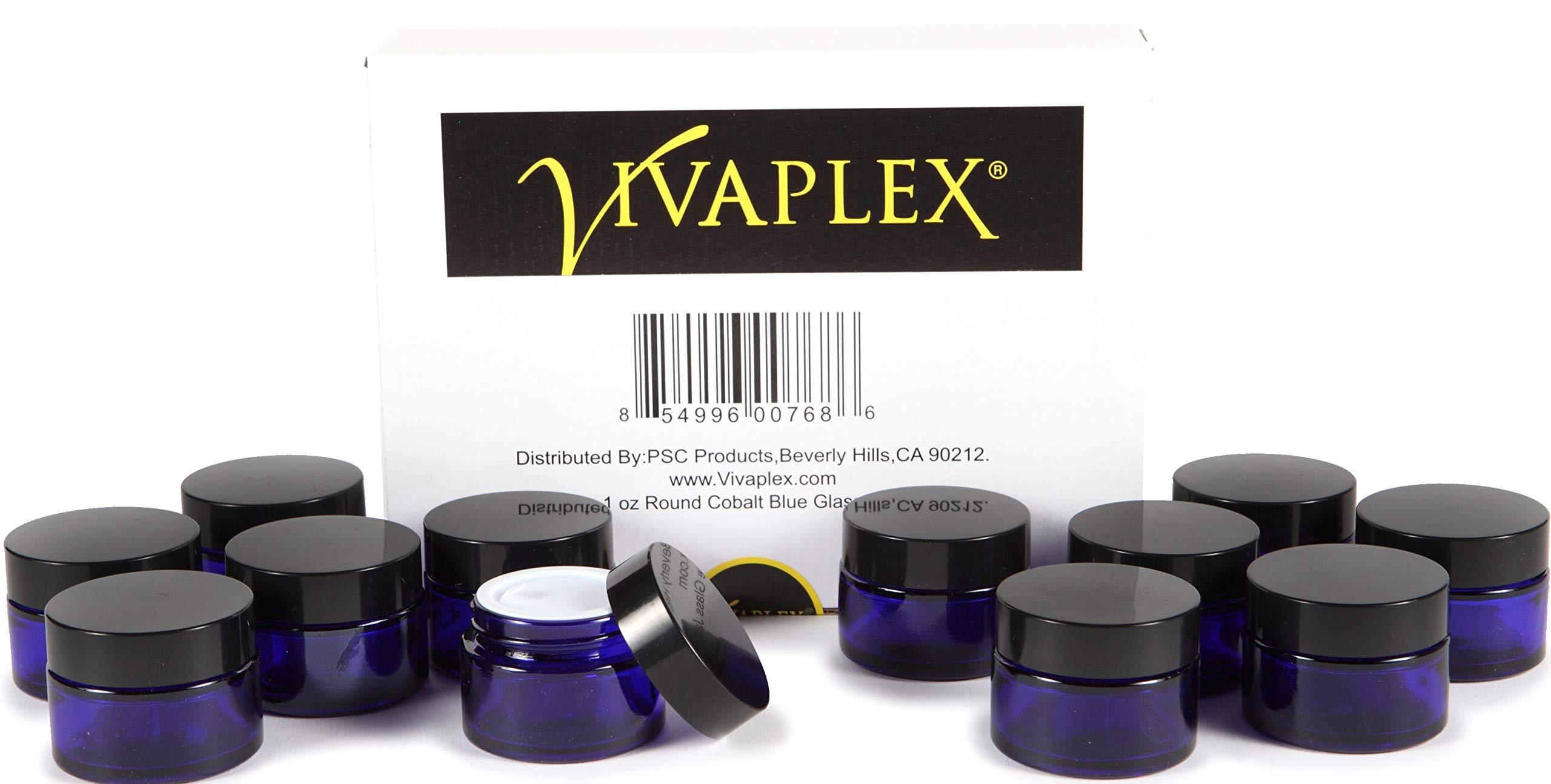 Vivaplex, 12, Cobalt Blue, 1 oz, Round Glass Jars, with Inner Liners and black Lids