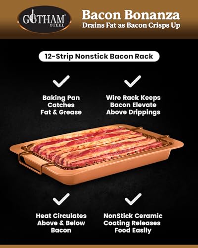 Gotham Steel Bacon Bonanza Large Baking Pan with Rack for Crispy Bacon + Crisper Tray for Bacon with Grease Catcher, Nonstick Bacon Cooker for Oven / Copper Bacon Pan, Non-Toxic Oven / Dishwasher safe