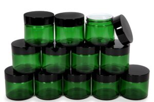vivaplex, 12, green, 2 oz, round glass jars, with inner liners and black lids
