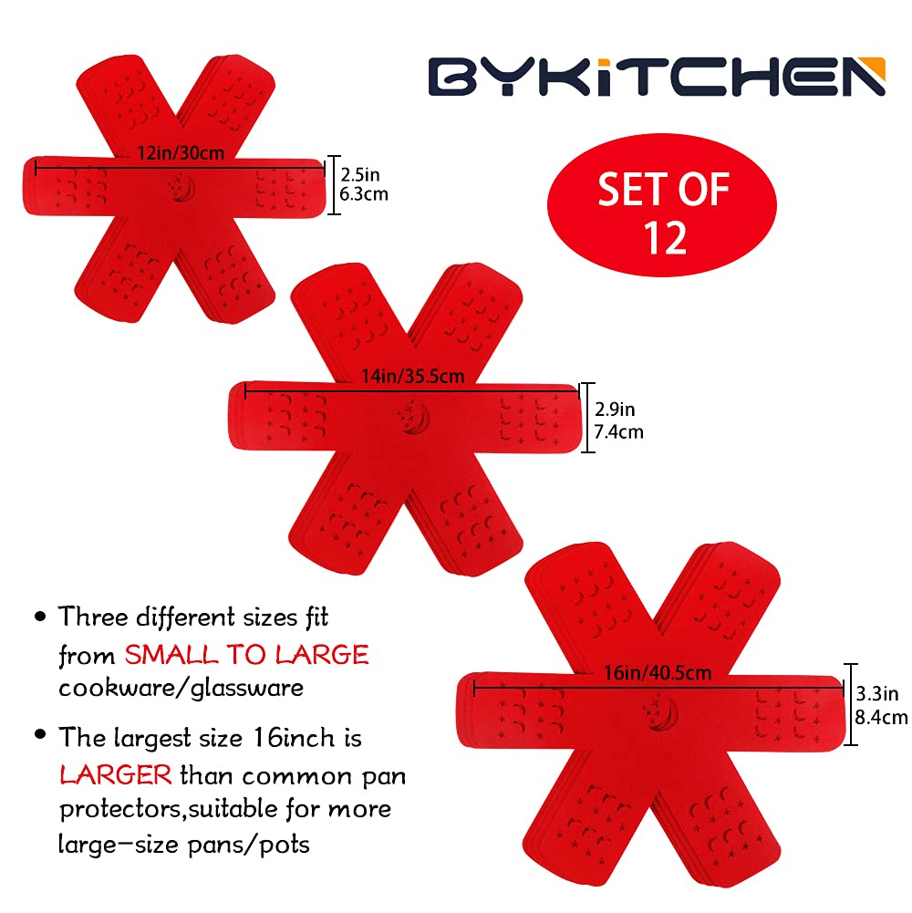 BYKITCHEN Pot and Pan Protectors, Pan Protector with Stars and Moons, Set of 12 and 3 Different Sizes, Larger&Thicker Red Pan Separators/Pot Protectors for Stacking and Protecting Your Cookware