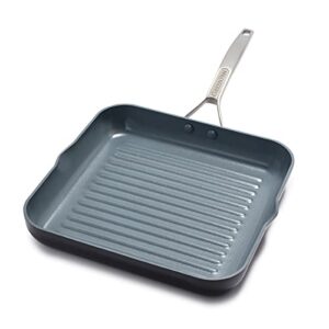 greenpan paris pro hard anodized healthy ceramic nonstick, 11" square grill pan, pfas-free, dishwasher safe, grey