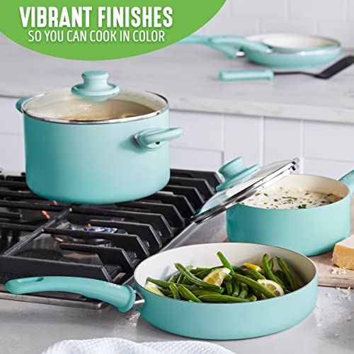 GreenLife Soft Grip Healthy Ceramic Nonstick, 15 Piece Cookware Pots and Pans Set, Induction, PFAS-Free, Dishwasher Safe, Turquoise