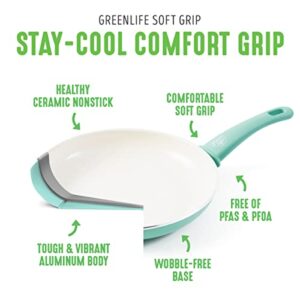 GreenLife Soft Grip Healthy Ceramic Nonstick, 15 Piece Cookware Pots and Pans Set, Induction, PFAS-Free, Dishwasher Safe, Turquoise