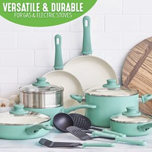 GreenLife Soft Grip Healthy Ceramic Nonstick, 15 Piece Cookware Pots and Pans Set, Induction, PFAS-Free, Dishwasher Safe, Turquoise