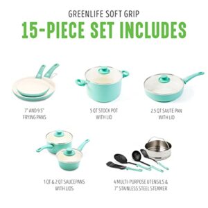 GreenLife Soft Grip Healthy Ceramic Nonstick, 15 Piece Cookware Pots and Pans Set, Induction, PFAS-Free, Dishwasher Safe, Turquoise