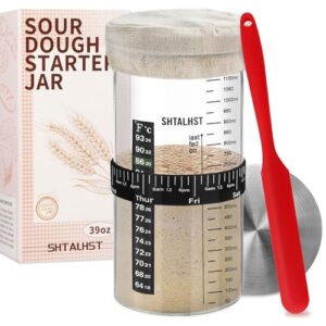 sourdough starter jar kit-1100ml/39oz, sourdough starter kit, sour dough starter jar with stainless steel lid, thermometer, silicone scraper, cloth cover and date marked feeding band (1 pack)
