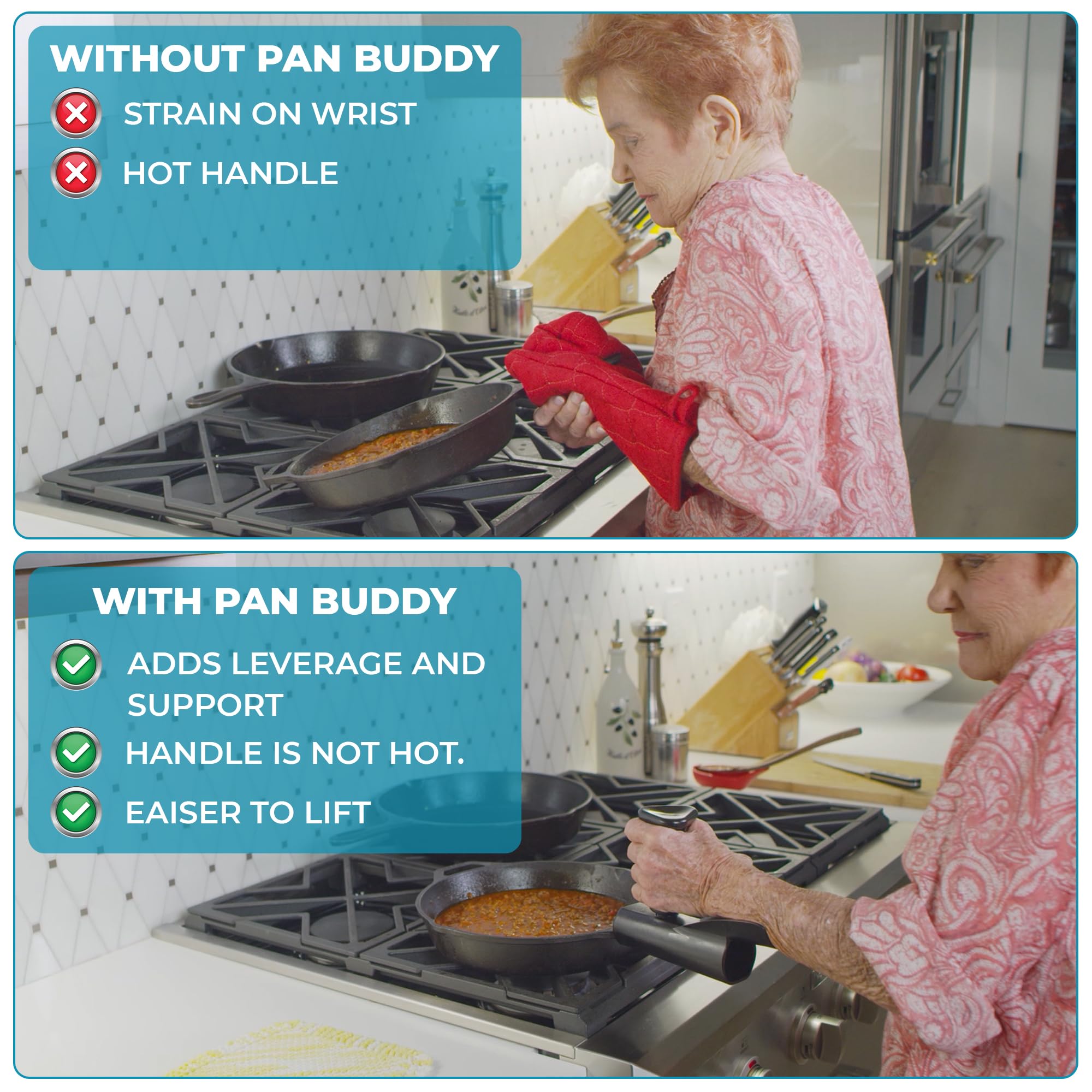 Pan Buddy™- Vertical Attachment for Pan Handle- Adds Leverage and Support- Makes Lifting Heavy Cookware Easier! (Black)