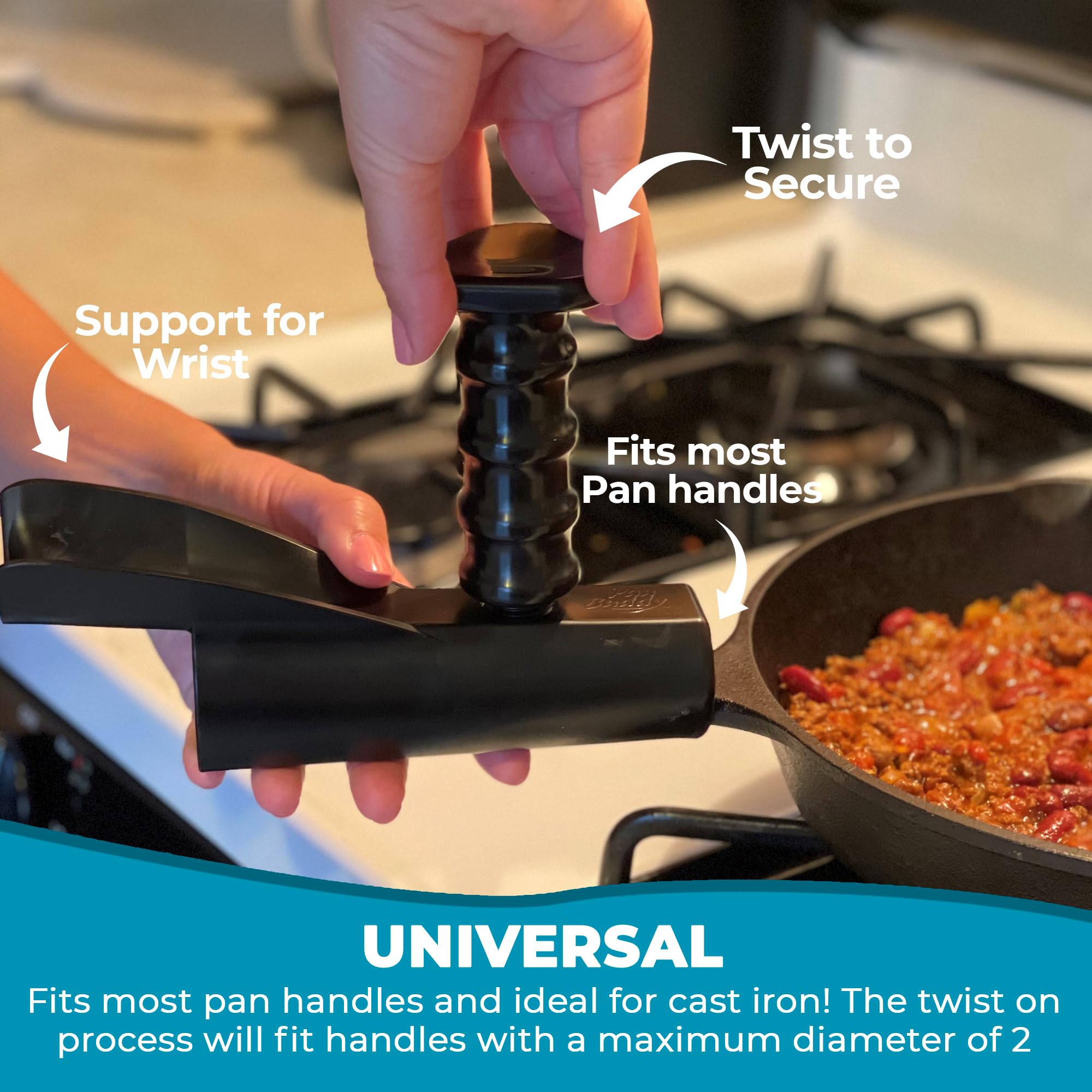 Pan Buddy™- Vertical Attachment for Pan Handle- Adds Leverage and Support- Makes Lifting Heavy Cookware Easier! (Black)