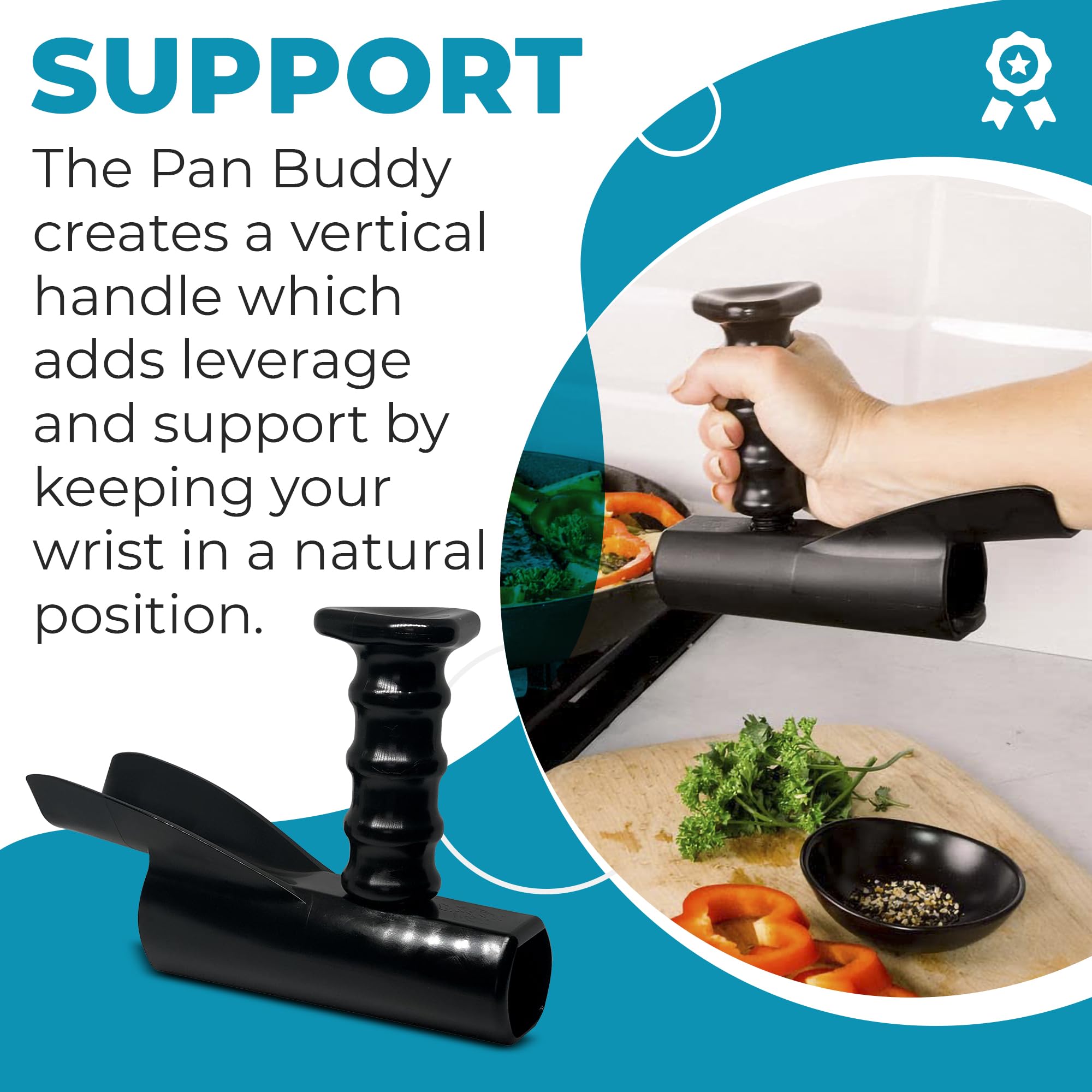 Pan Buddy™- Vertical Attachment for Pan Handle- Adds Leverage and Support- Makes Lifting Heavy Cookware Easier! (Black)