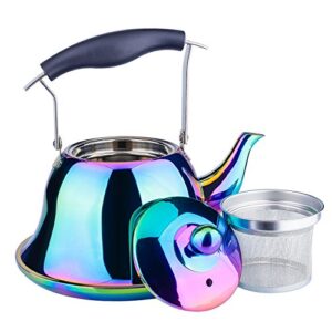 onlycooker whistling tea kettle stainless steel stovetop teakettle with infuser sturdy teapot for tea coffee fast boiling color rainbow mirror finish 2 liter / 2.1 quart