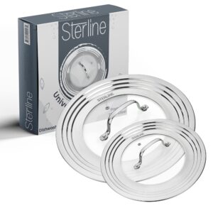 sterline universal lids set with tempered glass top - fits 5-12 inch pots, pan, and skillets - set of 2, large and small, stainless steel replacement pot lid for kitchen organizing, space saving