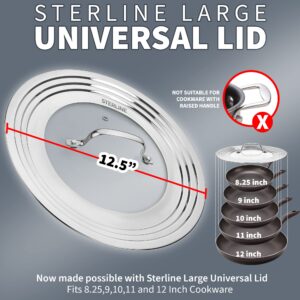 Sterline Universal Lids Set with Tempered Glass Top - Fits 5-12 Inch Pots, Pan, and Skillets - Set of 2, Large and Small, Stainless Steel Replacement Pot Lid for Kitchen Organizing, Space Saving