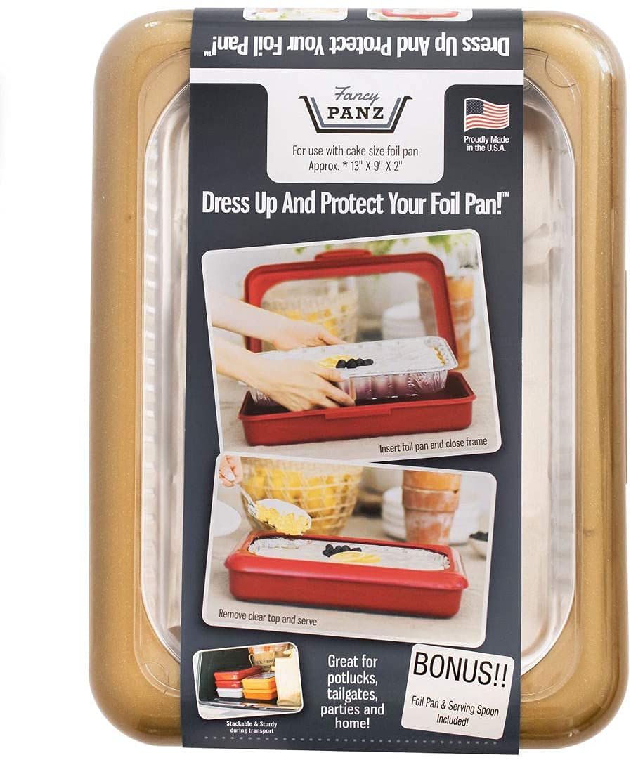 Fancy Panz 9x13- Inch Foil Cake Pan Dress Up & Protect Your Foil Pan Made in USA, Foil Pan & Serving Spoon Included. Hot or Cold Food. Stackable for easy travel. (Gold Swirl Cake Pan), FPC07G