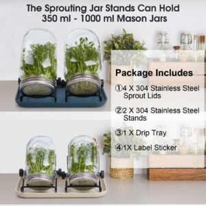 BARIKUEO 4PCS Stainless Steel Sprouting Lids,2 Stainless Steel Sprouting Stands,Drip Tray,Label sticker, 8 Pack Mason Sprouting Jar Kit (Not Include Mason Jar) for Regular and Wide Mouth Mason Jars