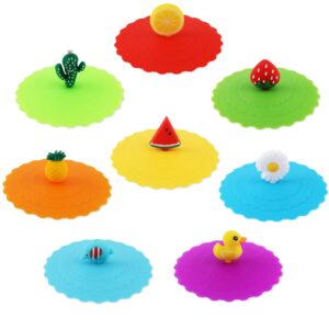 kinbom 8pcs silicone mug lid cover, colorful anti-dust silicone mug cover cute reusable silicone lids for cups mugs beer glasses outdoors & indoors