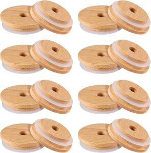 doitool 16pcs bamboo jar lids with straw hole,reusable bamboo lids for beer can glass,bamboo mason jar lids with straw hole for regular mason jar 70mm
