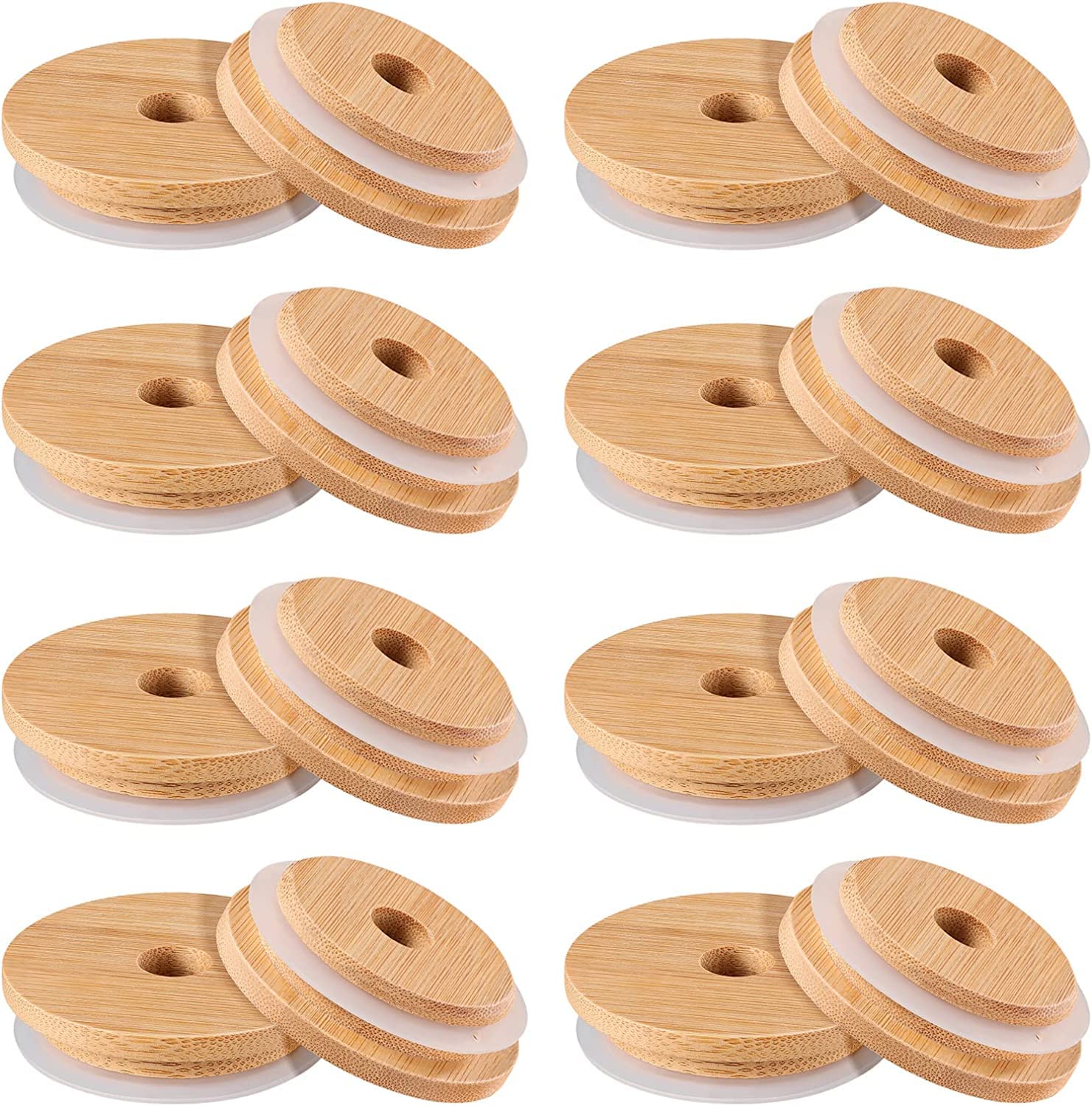 DOITOOL 16Pcs Bamboo Jar Lids with Straw Hole,Reusable Bamboo Lids for Beer Can Glass,Bamboo Mason Jar Lids with Straw Hole for Regular Mason Jar 70MM