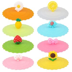kinbom 8pcs silicone cup lids mug cover, colorful anti-dust silicone mug cover cute reusable silicone lids for cups mugs beer glasses outdoors & indoors (8 styles)