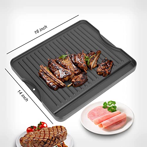 2-in-1 Reversible 14” x 16” Pre-Seasoned Cast Iron Cooking Griddle for Gas Stove/Charcoal/Electric/Propane/Gas Grill, Flat Griddle Top Plate for Camping Tailgating