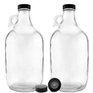 nicebottles clear glass handled jugs, half-gallon, pack of 2 with extra polycone caps