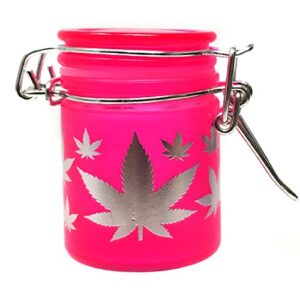 airtight glass herb mini storage jar with clamping lid in choice of design (frosted neon pink/silver leaves)