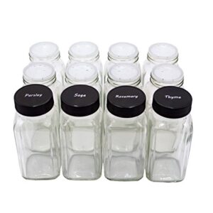 u-pack 12 pieces of french square glass spice bottles 6 oz spice jars with black plastic lids, shaker tops, and labels by u-pack