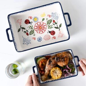 BFU Ceramic Baking Dish Rectangular Bakeware Set Baking Pan, 2-Piece Stoneware Hand-Painted Lasagna Pan for Cooking, Cake dinner (Blue, 10.63"L x 7.48"W x 2.28"H)