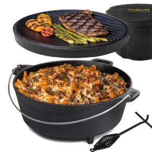 nativo 6qt pre-seasoned outdoor cast iron dutch oven pot with multipurpose lid, dutch oven for camping and outdoor cooking using fire and coals, with legs and reversible lid grill