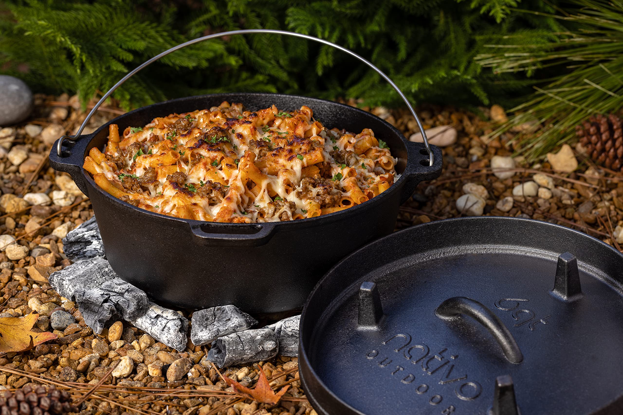 NATIVO 6QT Pre-Seasoned Outdoor Cast Iron Dutch Oven Pot with Multipurpose Lid, Dutch Oven for Camping and Outdoor Cooking using Fire and Coals, With Legs and Reversible Lid Grill