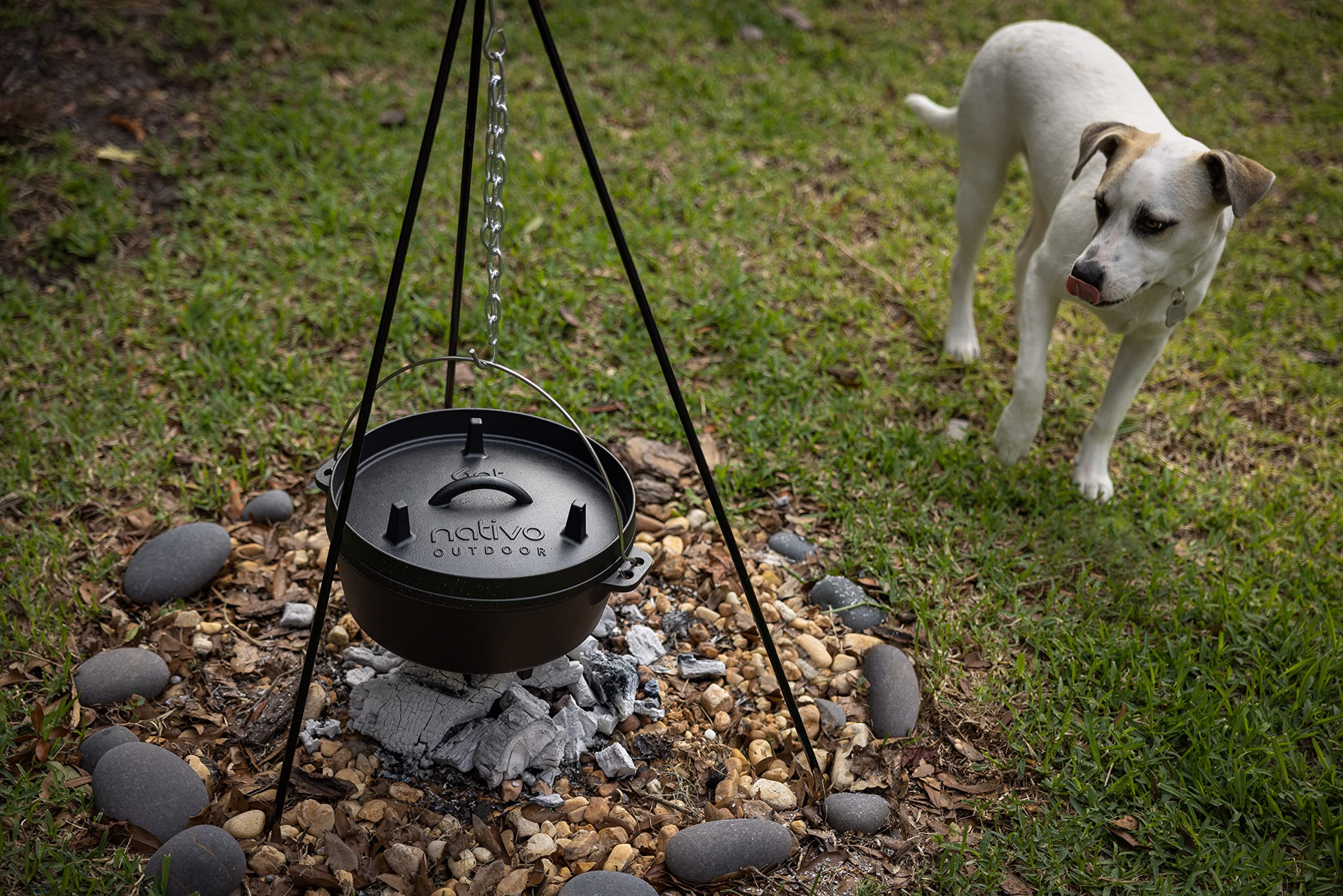 NATIVO 6QT Pre-Seasoned Outdoor Cast Iron Dutch Oven Pot with Multipurpose Lid, Dutch Oven for Camping and Outdoor Cooking using Fire and Coals, With Legs and Reversible Lid Grill