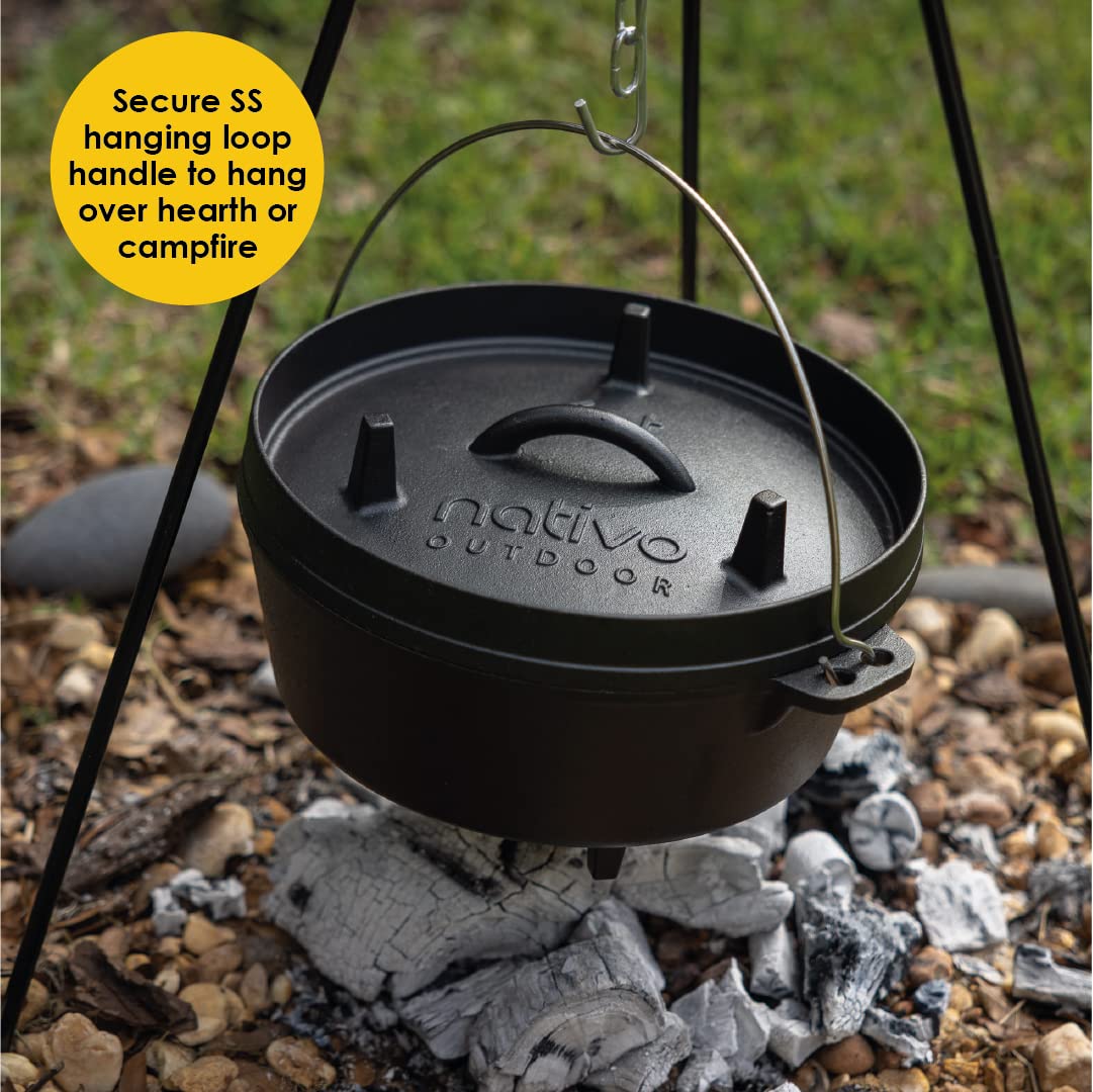 NATIVO 6QT Pre-Seasoned Outdoor Cast Iron Dutch Oven Pot with Multipurpose Lid, Dutch Oven for Camping and Outdoor Cooking using Fire and Coals, With Legs and Reversible Lid Grill