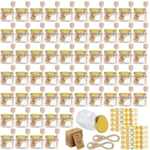 crtwdman 60 pack mini honey jars/pot metal lids,1.5 oz glass ,wooden dippers,bee charms,jutes,stickers,small,tiny, baby shower wedding party favors