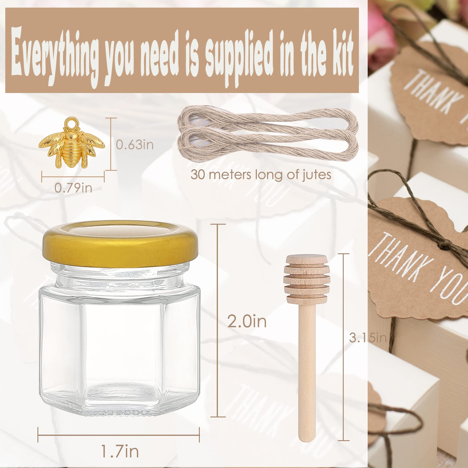 CRTWDMAN 60 Pack Mini Honey Jars/Pot Metal Lids,1.5 oz Glass ,Wooden Dippers,Bee Charms,Jutes,Stickers,Small,Tiny, Baby Shower Wedding Party Favors