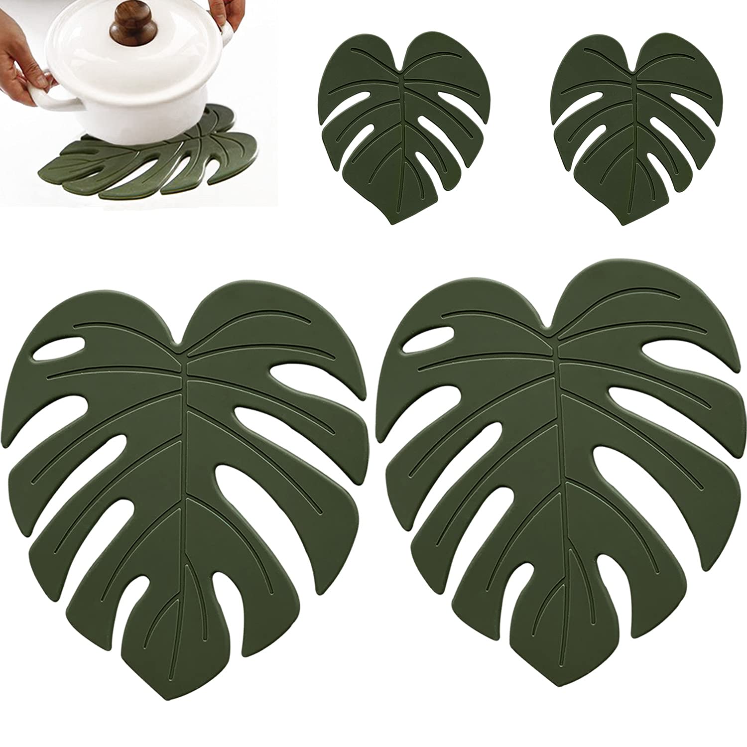 4 Pack Silicone Trivet Mat, Multi-Purpose Kitchen Hot Pot Holders, Heat Resistant Pot Mat for Countertop, Non-Slip Trivet Mats, Leaf Decor Table Mat