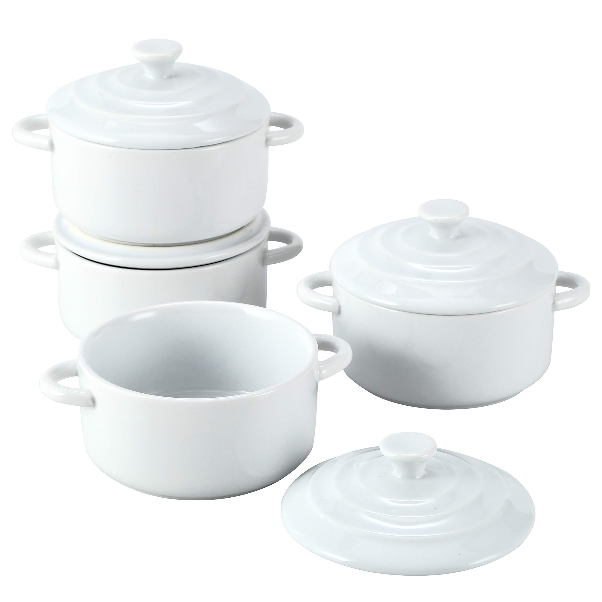 Bruntmor 8.5 Oz Mini Cocotte Ceramic Ramekins for Baking, Mini Casserole Dish with Lid, Cute Stoneware Individual Severing Pot, Ramekins 8 ounce oven safe Souffle Dish (White)