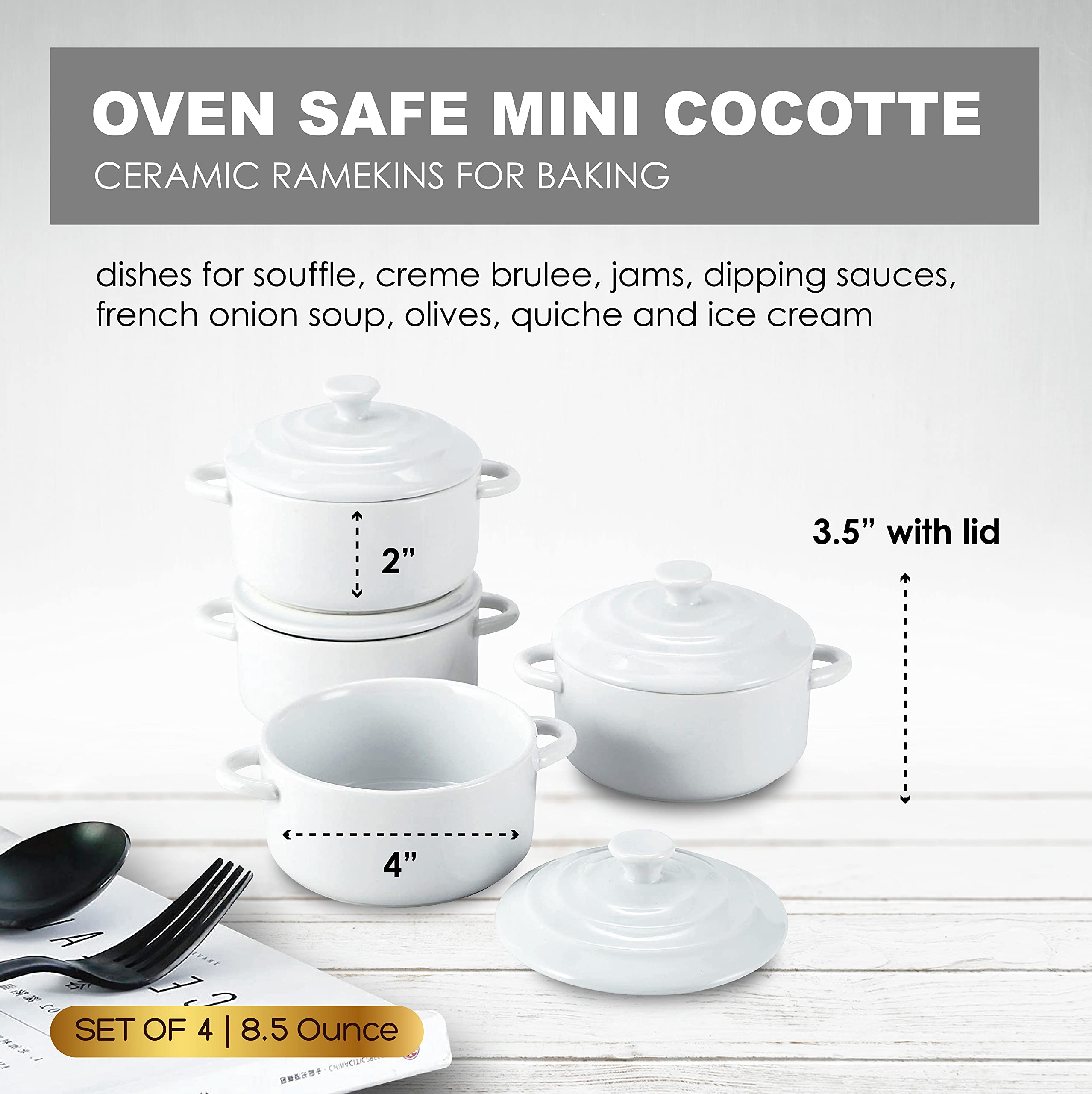 Bruntmor 8.5 Oz Mini Cocotte Ceramic Ramekins for Baking, Mini Casserole Dish with Lid, Cute Stoneware Individual Severing Pot, Ramekins 8 ounce oven safe Souffle Dish (White)