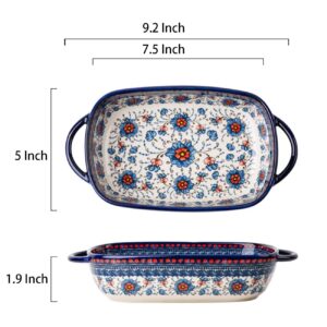 Bicuzat Blue and Orange Flower Vintage Style Ceramic Bakeware Casserole Dish Baking Pan Lasagna Pans with Handles for Oven/Cooking/Kitchen-1 PCS-22 OZ