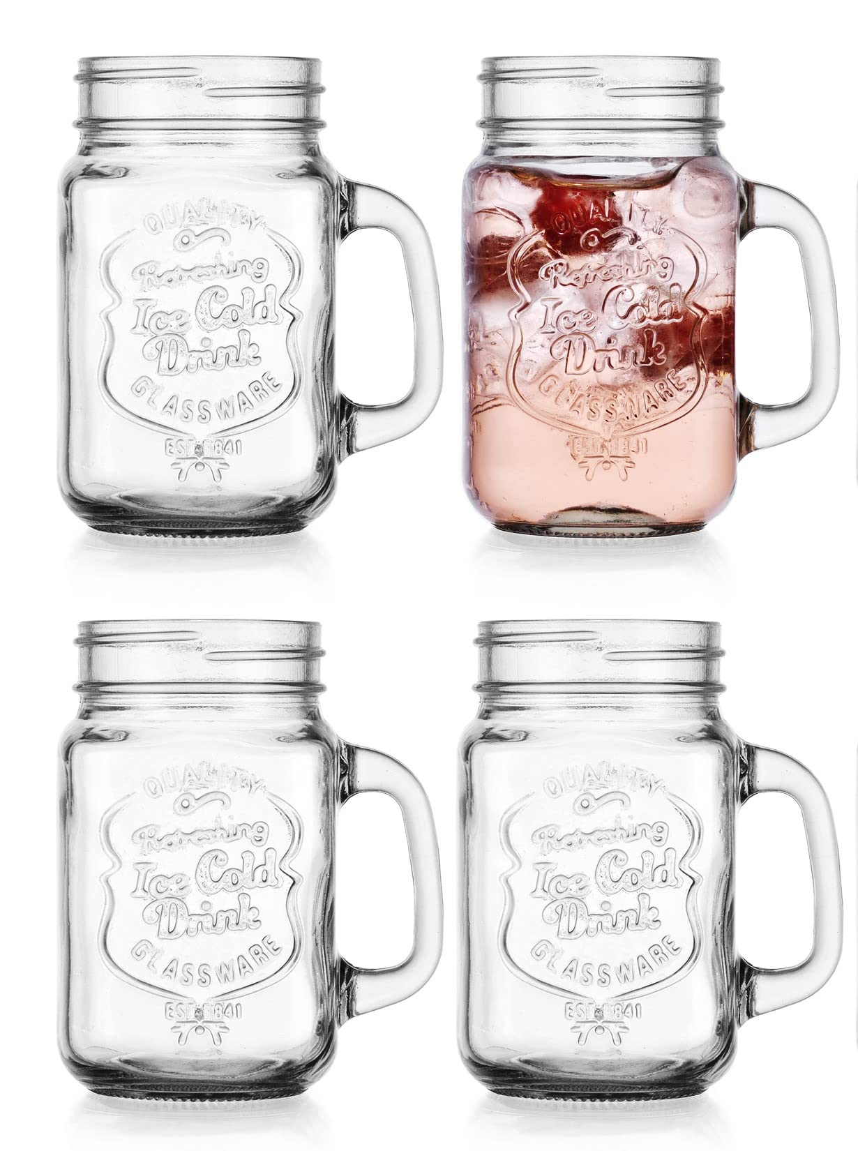 Glaver's Mason Drinking Jars – Set of 4, 16 Oz Clear Glass Jar with Handle and Lid. – Ice-Cold Drink Glassware Logo – Glass Mugs Ideal for Cold Beverages, Juice, Smoothie, Cocktails.