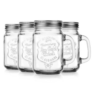 Glaver's Mason Drinking Jars – Set of 4, 16 Oz Clear Glass Jar with Handle and Lid. – Ice-Cold Drink Glassware Logo – Glass Mugs Ideal for Cold Beverages, Juice, Smoothie, Cocktails.