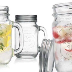 Glaver's Mason Drinking Jars – Set of 4, 16 Oz Clear Glass Jar with Handle and Lid. – Ice-Cold Drink Glassware Logo – Glass Mugs Ideal for Cold Beverages, Juice, Smoothie, Cocktails.