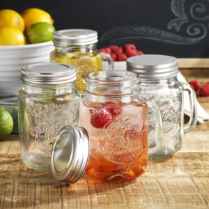 Glaver's Mason Drinking Jars – Set of 4, 16 Oz Clear Glass Jar with Handle and Lid. – Ice-Cold Drink Glassware Logo – Glass Mugs Ideal for Cold Beverages, Juice, Smoothie, Cocktails.