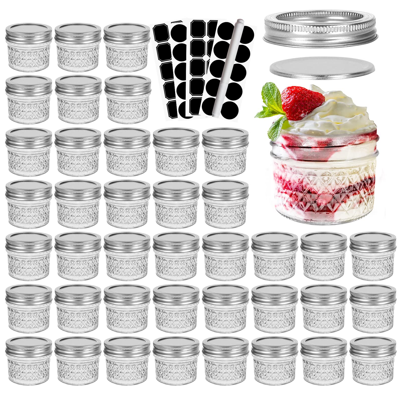 CycleMore 40 Pcs 4oz Clear Glass Mini Mason Jars With Silver Separable Lids and Diamond appearance, Small Canning Jars Spice Jars for Honey, Jam, Jelly, Wedding Favors, Kitchen Food Storage