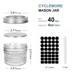 CycleMore 40 Pcs 4oz Clear Glass Mini Mason Jars With Silver Separable Lids and Diamond appearance, Small Canning Jars Spice Jars for Honey, Jam, Jelly, Wedding Favors, Kitchen Food Storage