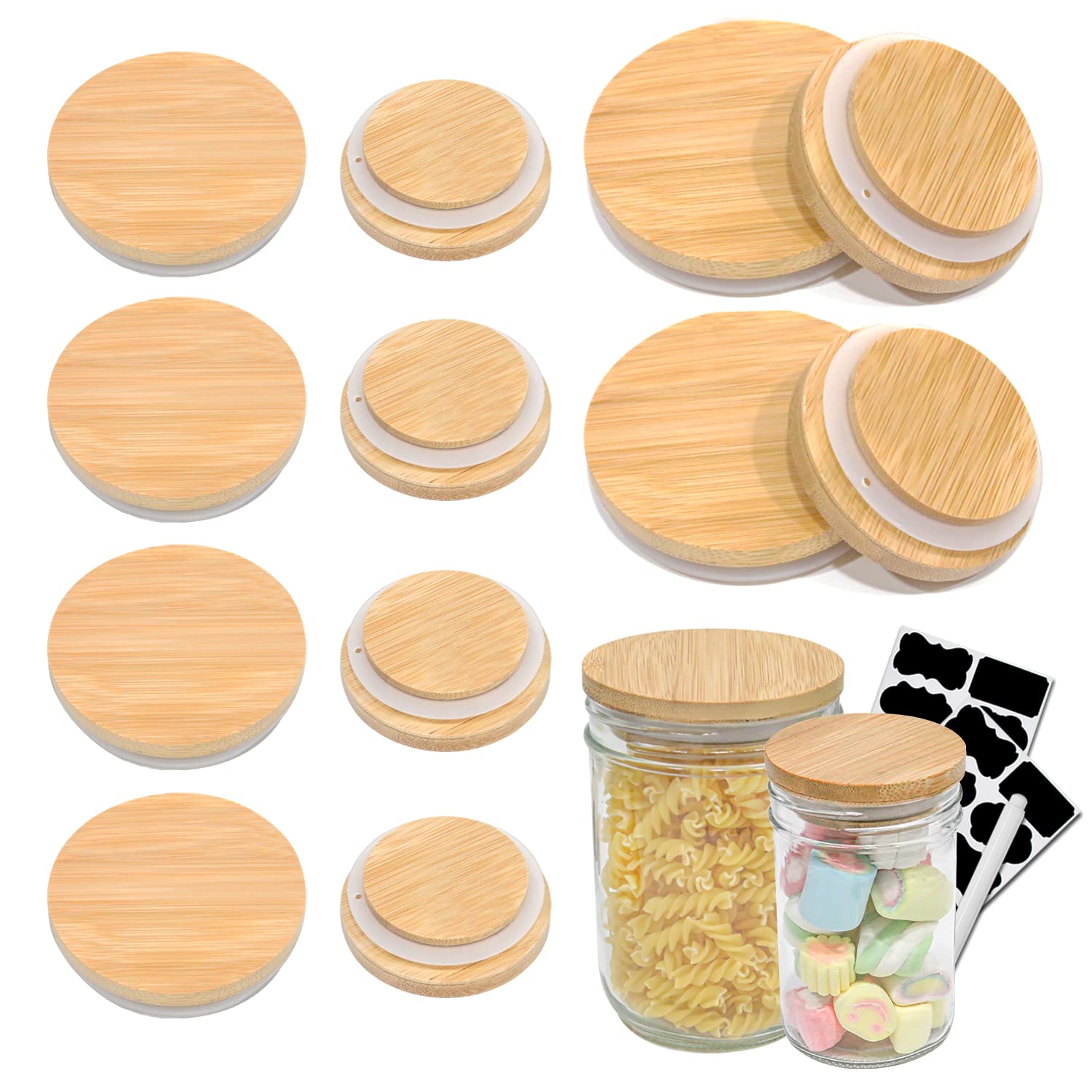 [12 Pack] Bamboo Mason Jar Lids - 6 Regular Mouth & 6 Wide Mouth Bamboo Lids for Mason Jars Storage Canning Jar Lids, Wooden Mason Jar Lids with 20 Labels & Pen