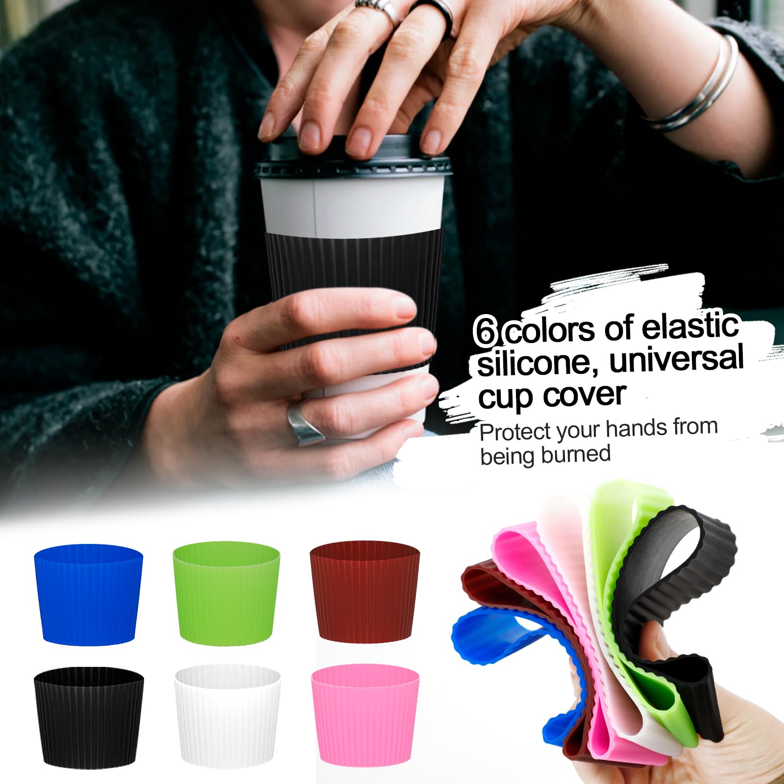 PRAVICS 6Pcs Reusable Coffee Cup Silicone Sleeves Heat Resistant Insulates Protective Sleeve Nonslip Protector Cover Fit for Travel Coffee Mug Glasses, 6 Colors