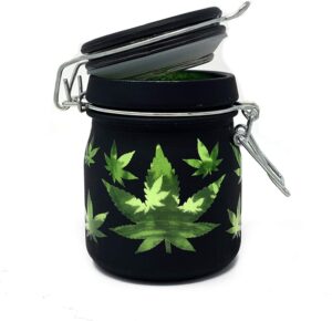 airtight glass herb jar medium 3.75" tall (black frosted/green leaf)
