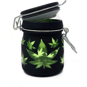 Airtight Glass Herb Jar Medium 3.75" Tall (Black Frosted/Green Leaf)