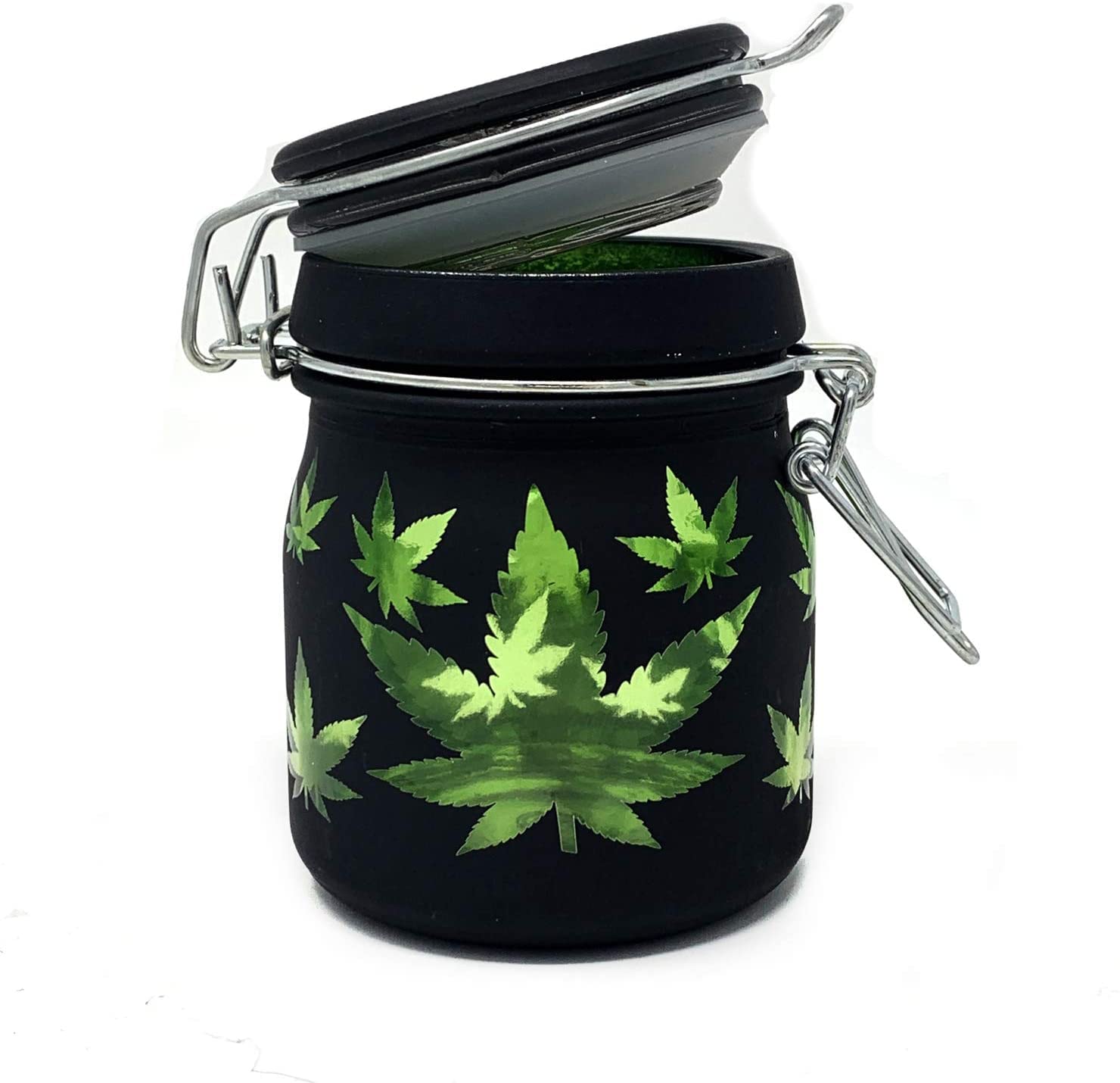 Airtight Glass Herb Jar Medium 3.75" Tall (Black Frosted/Green Leaf)